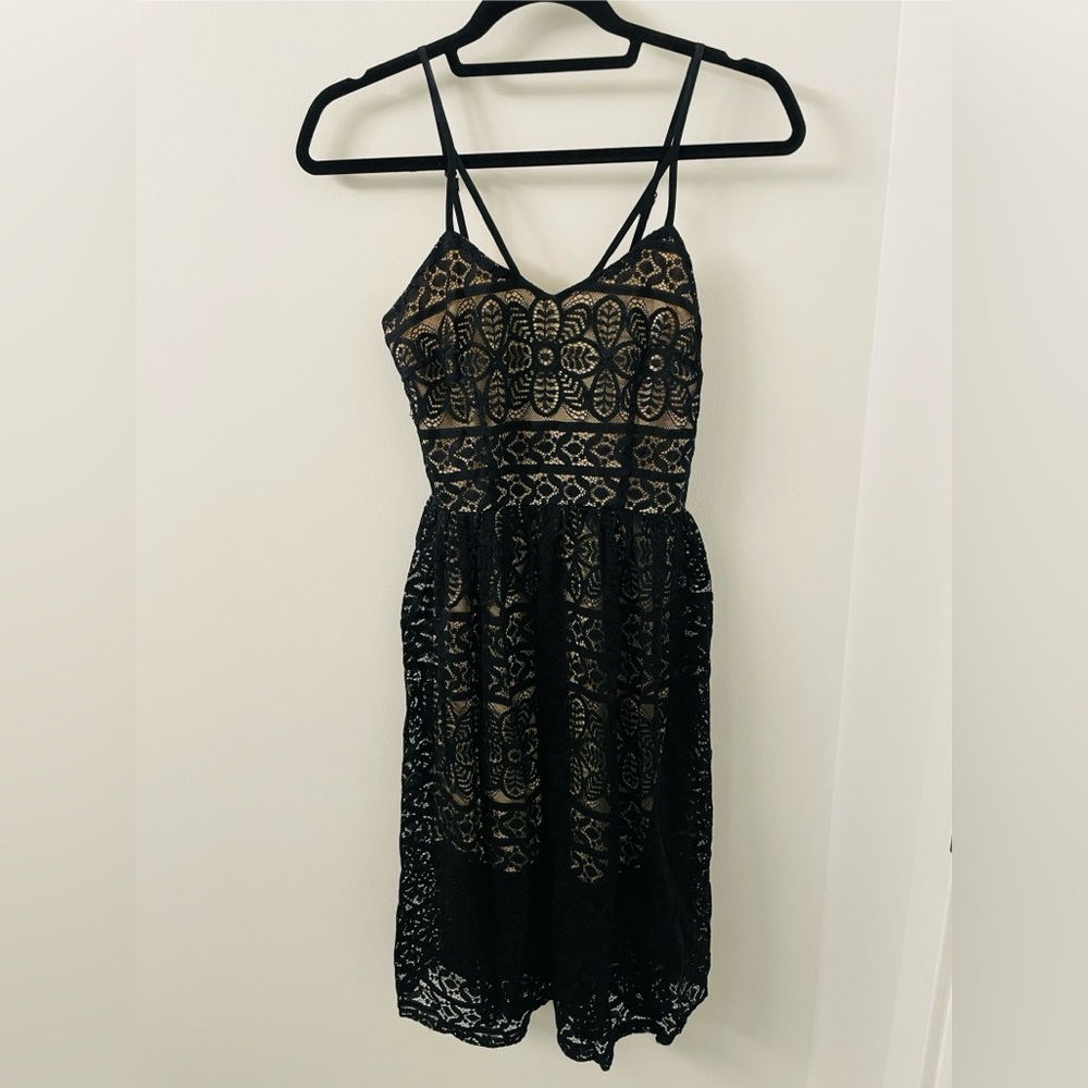 Fitted Black Lace Dress - fitted top - flowy skirt - nude under fabric - XS